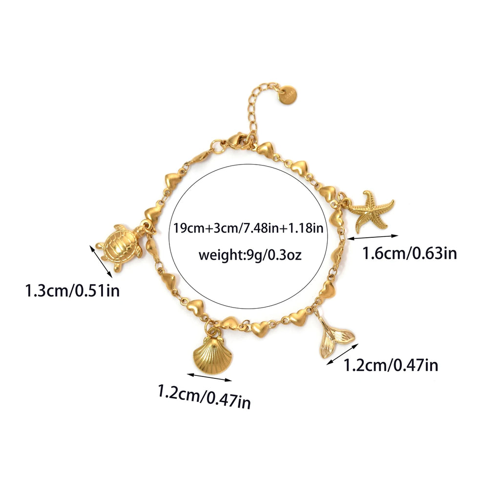 Stainless steel turtle starfish shell whale tail pendant women's retro peach heart-shaped bracelet personality goldplated jewely