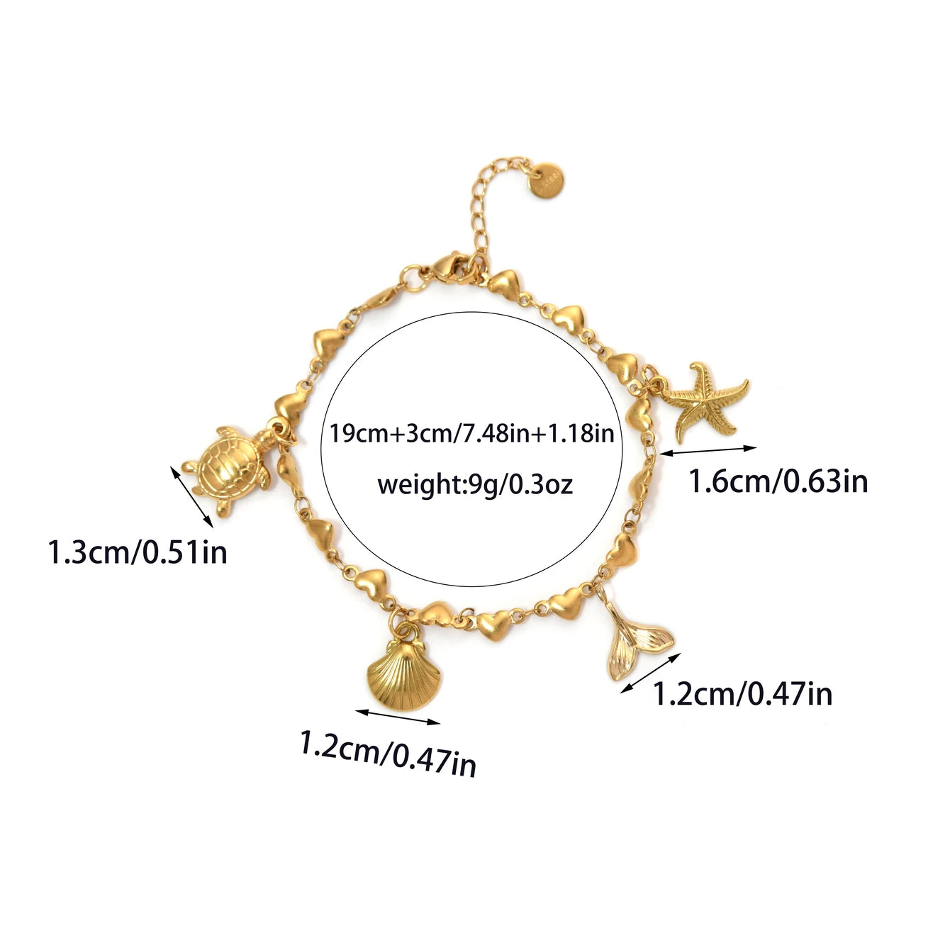 Stainless steel turtle starfish shell whale tail pendant women's retro peach heart-shaped bracelet personality goldplated jewely