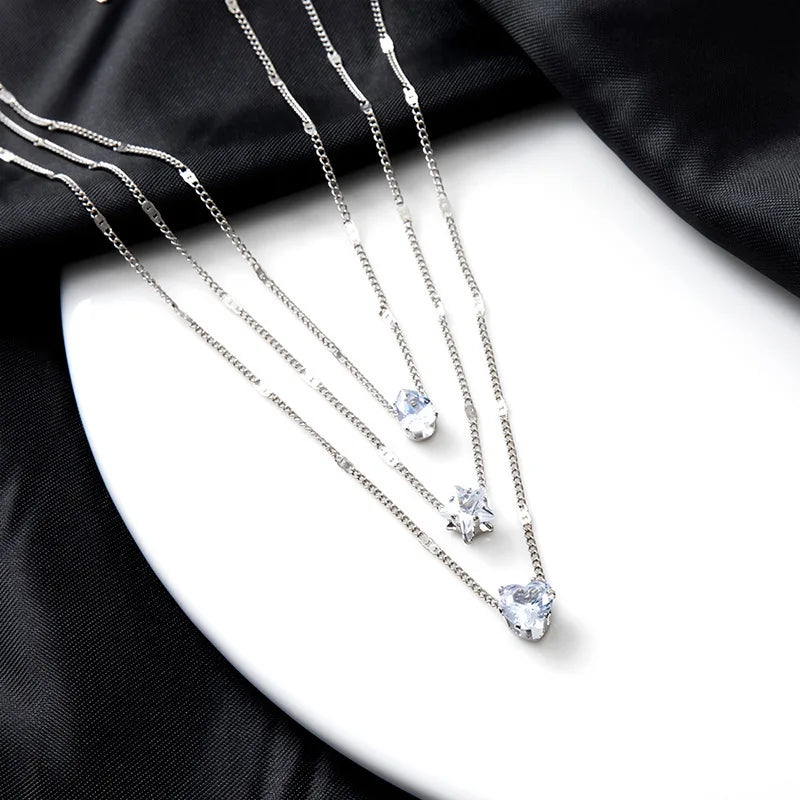 FTCY 3 Pcs Vintage Crystal Love Heart Necklace Set for Women Simple Multilayered Gold Color  Women's Necklace Hypoallergenic Jew