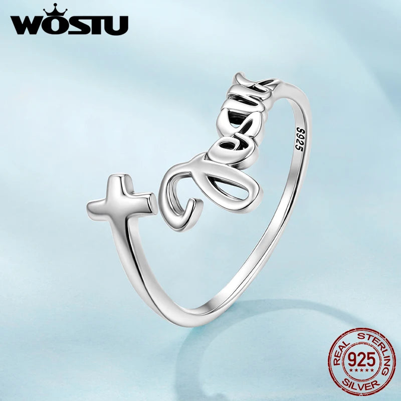 WOSTU Solid 925 Sterling Silver Faith Jesus Cross Open Ring Daily Jewelry Accessories Women's Prayer Blessing Rings Family G