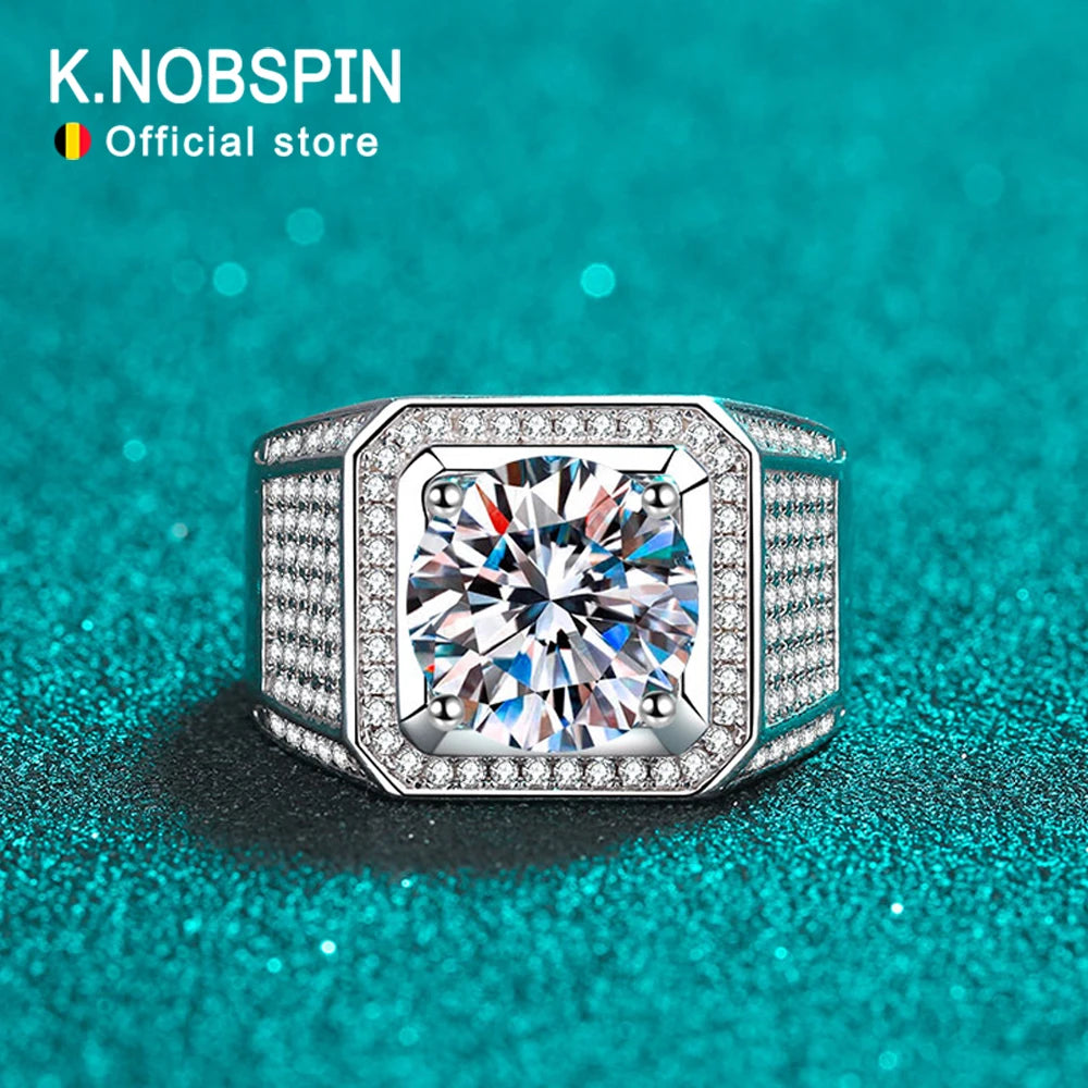 KNOBSPIN 5ct D Color Moissanite Ring 925 Sterling Sliver Plated 18k Eternity Band Hip Hop Rings for Man Party Sparkling Jewely