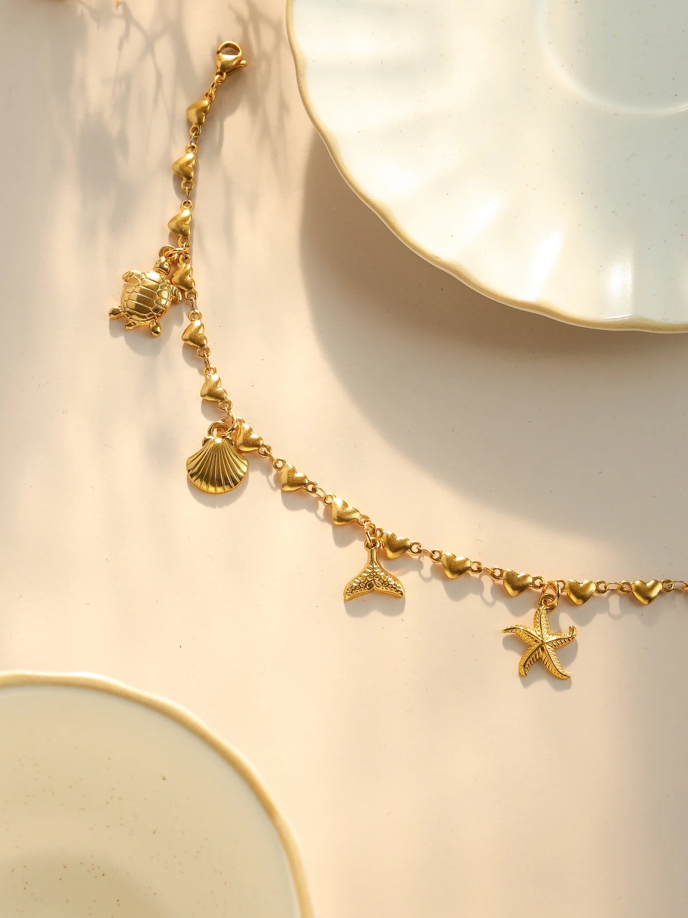 Stainless steel turtle starfish shell whale tail pendant women's retro peach heart-shaped bracelet personality goldplated jewely