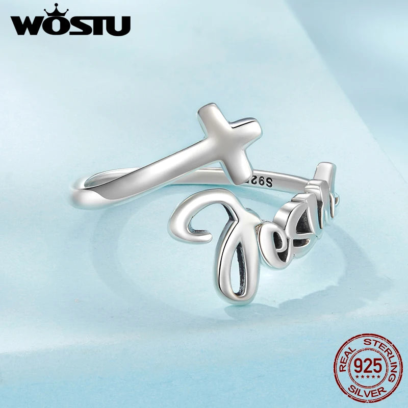 WOSTU Solid 925 Sterling Silver Faith Jesus Cross Open Ring Daily Jewelry Accessories Women's Prayer Blessing Rings Family G