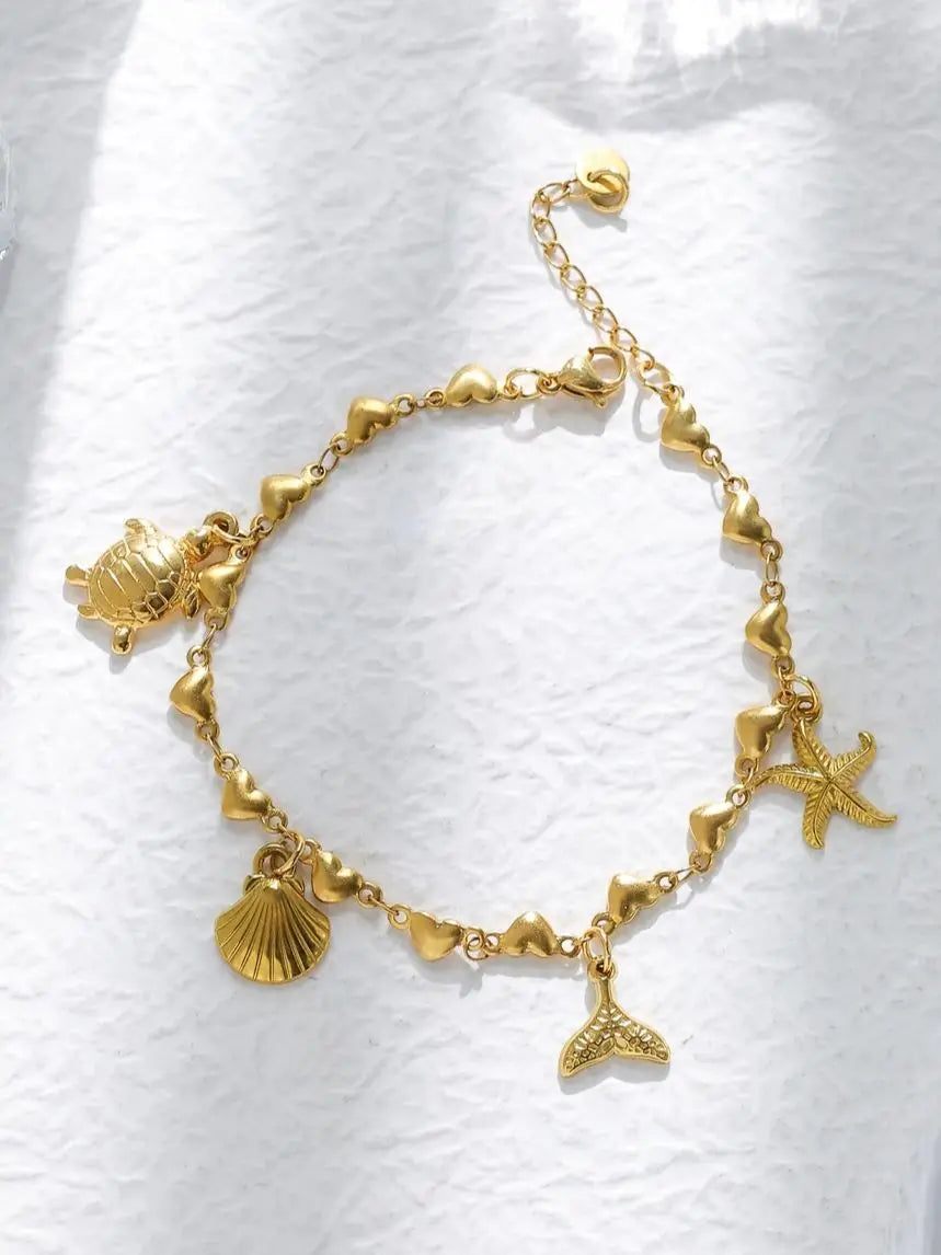 Stainless steel turtle starfish shell whale tail pendant women's retro peach heart-shaped bracelet personality goldplated jewely