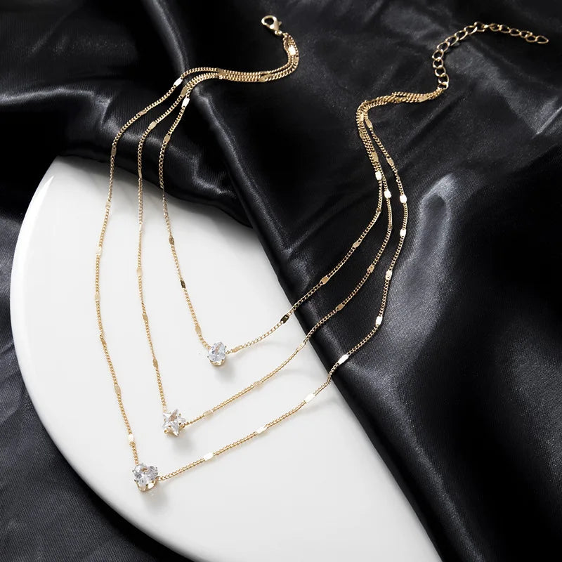 FTCY 3 Pcs Vintage Crystal Love Heart Necklace Set for Women Simple Multilayered Gold Color  Women's Necklace Hypoallergenic Jew