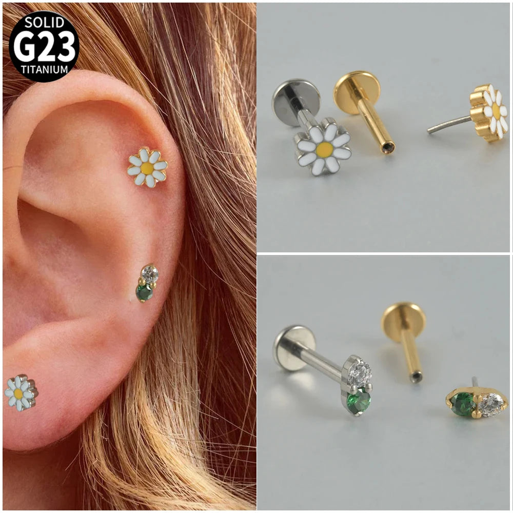 Dreamlee PC G23 Titanium Flower Threadless Labret Lip Rings Green Zircon Ear Cartilage Tragus Helix Earring Lobe Piercing Jew