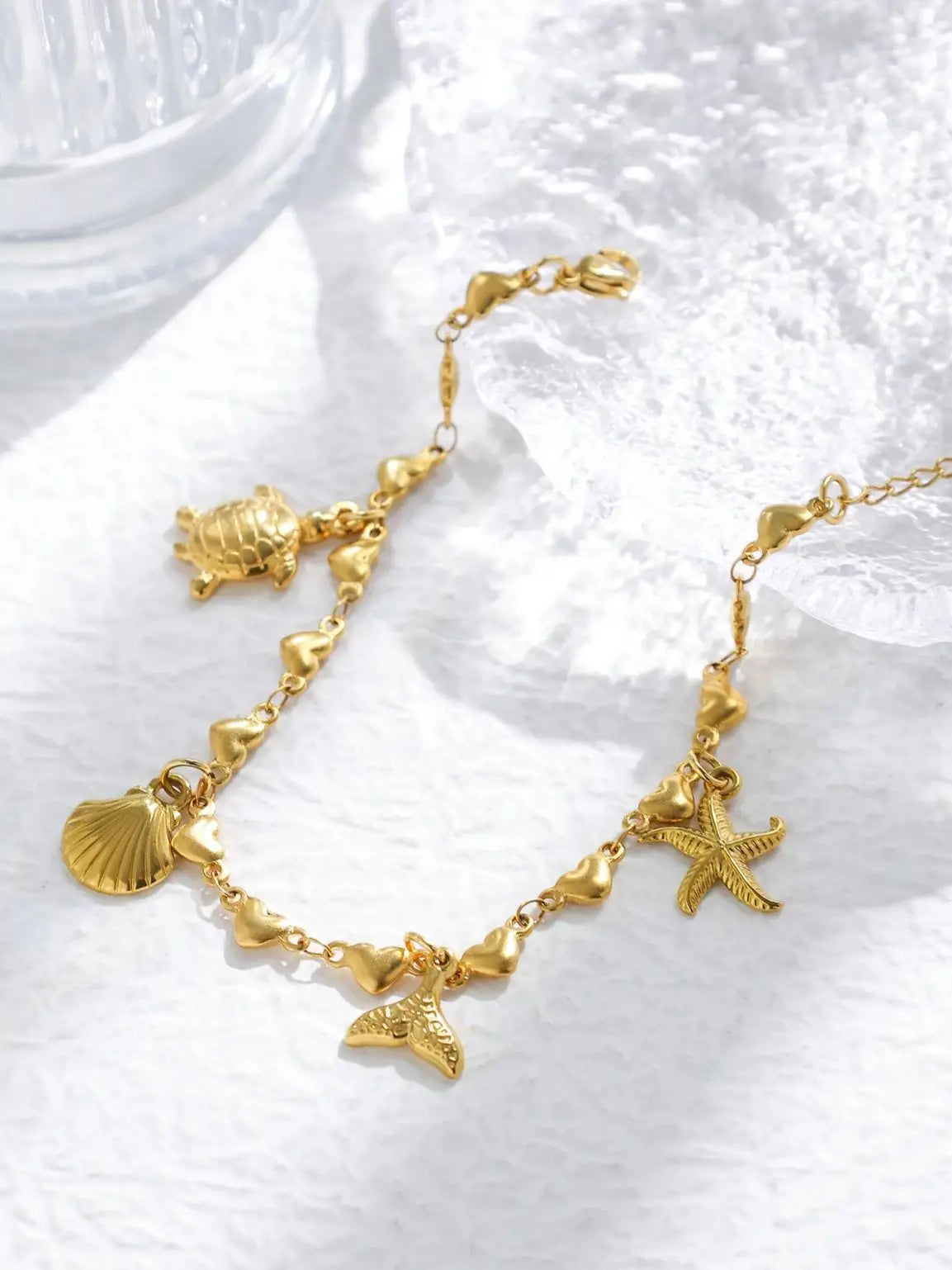 Stainless steel turtle starfish shell whale tail pendant women's retro peach heart-shaped bracelet personality goldplated jewely