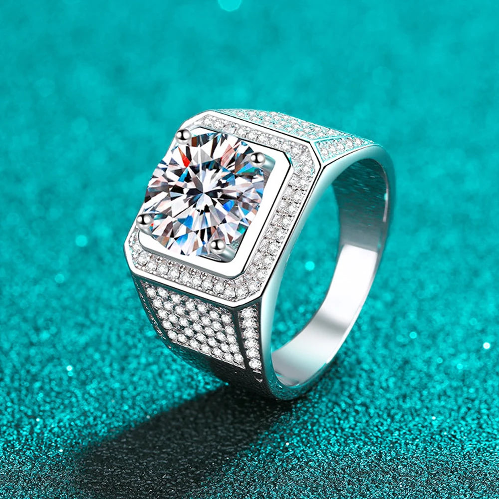 KNOBSPIN 5ct D Color Moissanite Ring 925 Sterling Sliver Plated 18k Eternity Band Hip Hop Rings for Man Party Sparkling Jewely