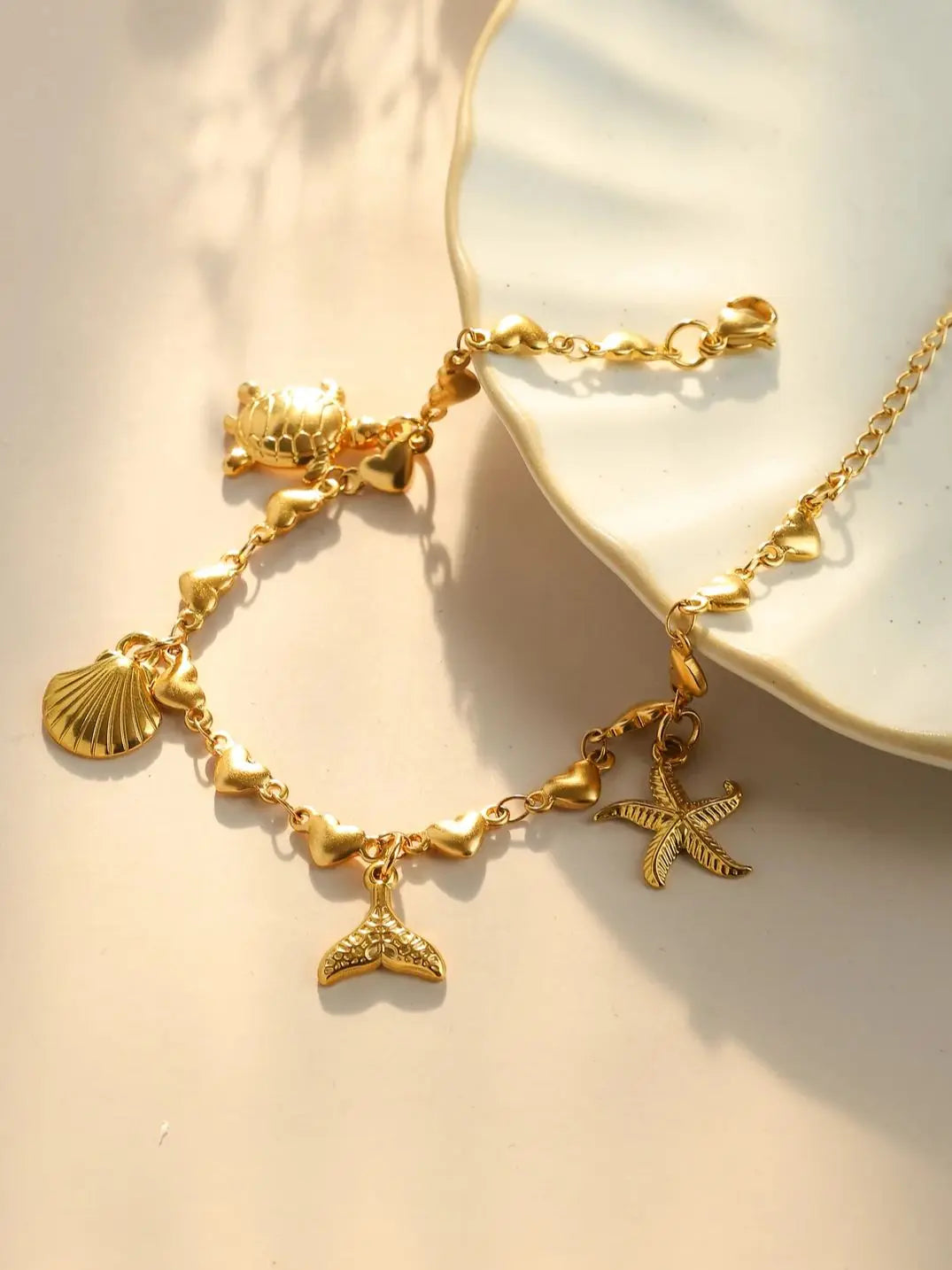 Stainless steel turtle starfish shell whale tail pendant women's retro peach heart-shaped bracelet personality goldplated jewely