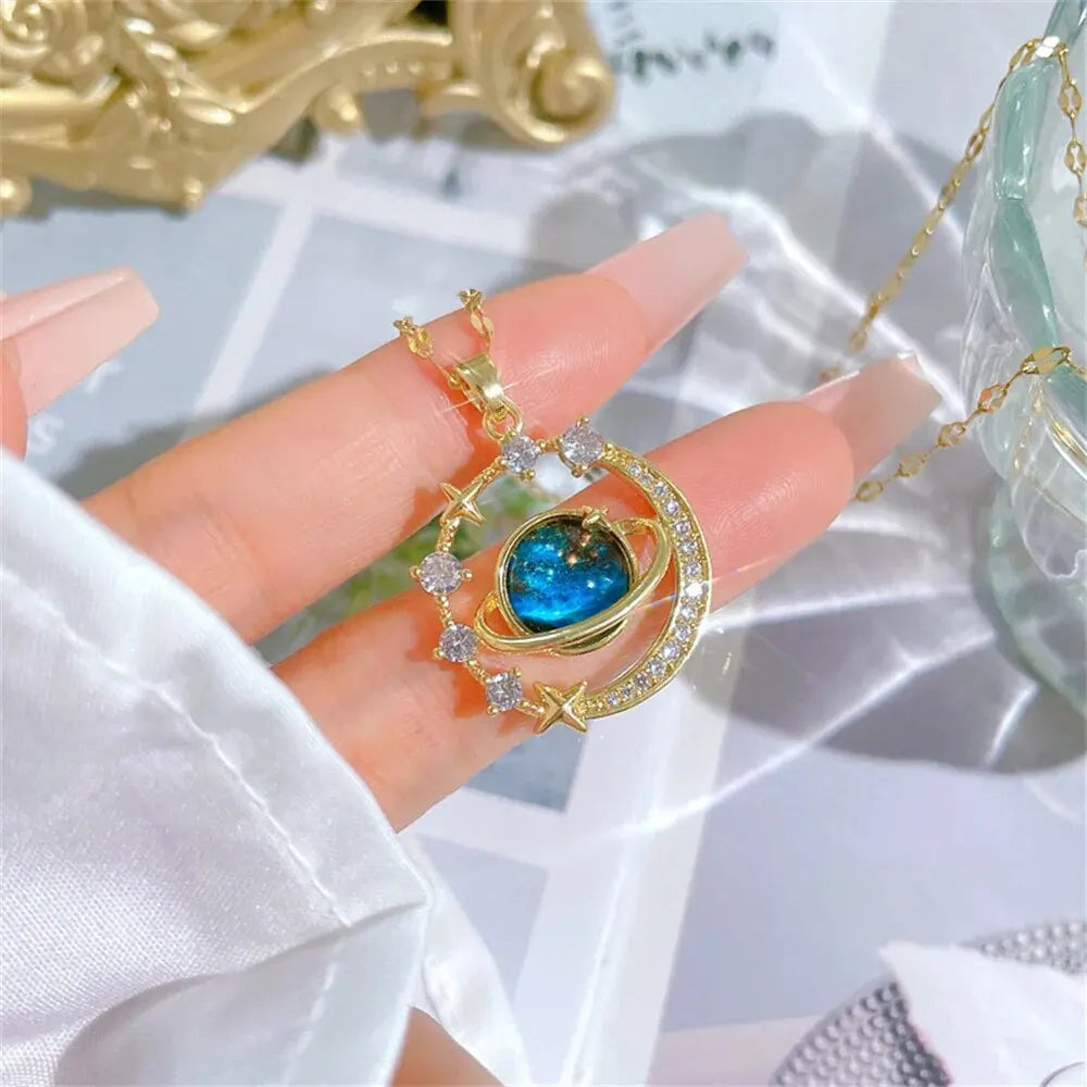 Exquisite Starry Sky Planet Light Luxurious Temperament Gorgeous Necklace Star and Moon Versatile Stainless Steel Clavicle Chain