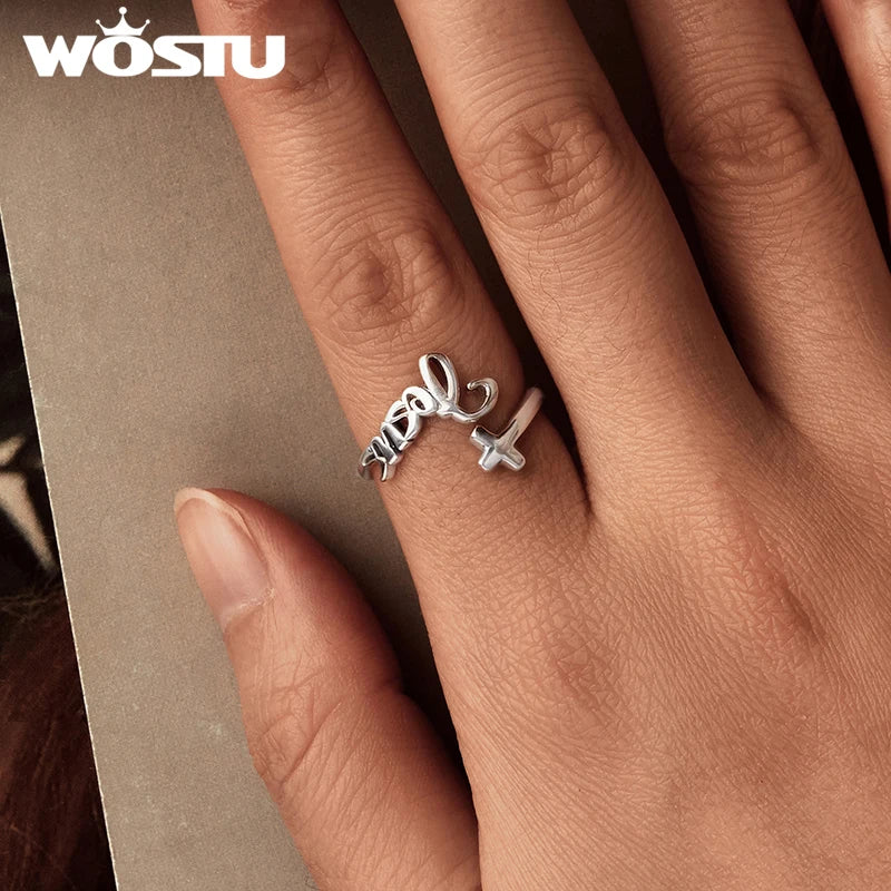 WOSTU Solid 925 Sterling Silver Faith Jesus Cross Open Ring Daily Jewelry Accessories Women's Prayer Blessing Rings Family G