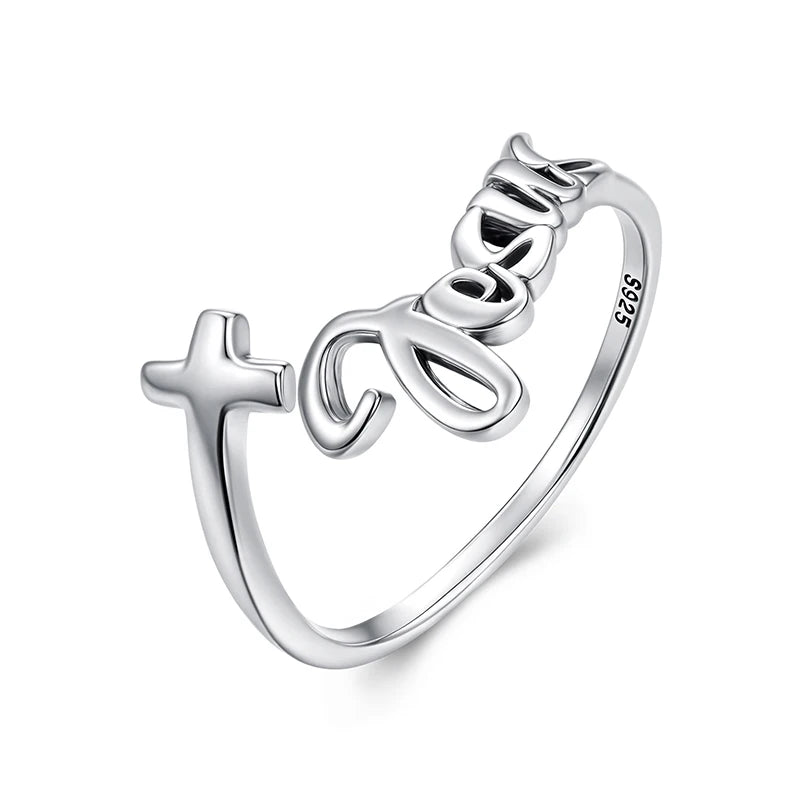 WOSTU Solid 925 Sterling Silver Faith Jesus Cross Open Ring Daily Jewelry Accessories Women's Prayer Blessing Rings Family G