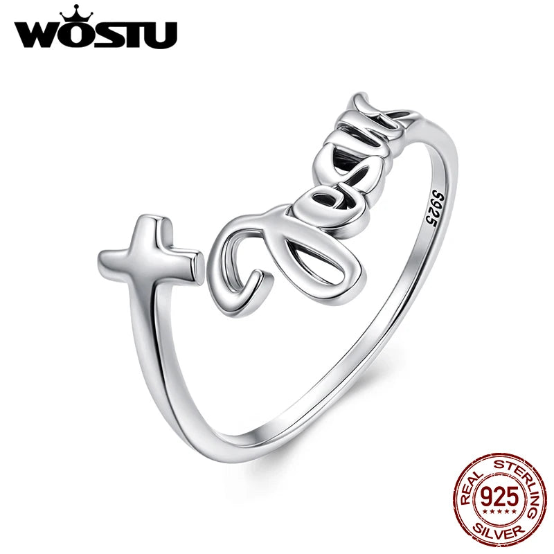 WOSTU Solid 925 Sterling Silver Faith Jesus Cross Open Ring Daily Jewelry Accessories Women's Prayer Blessing Rings Family G