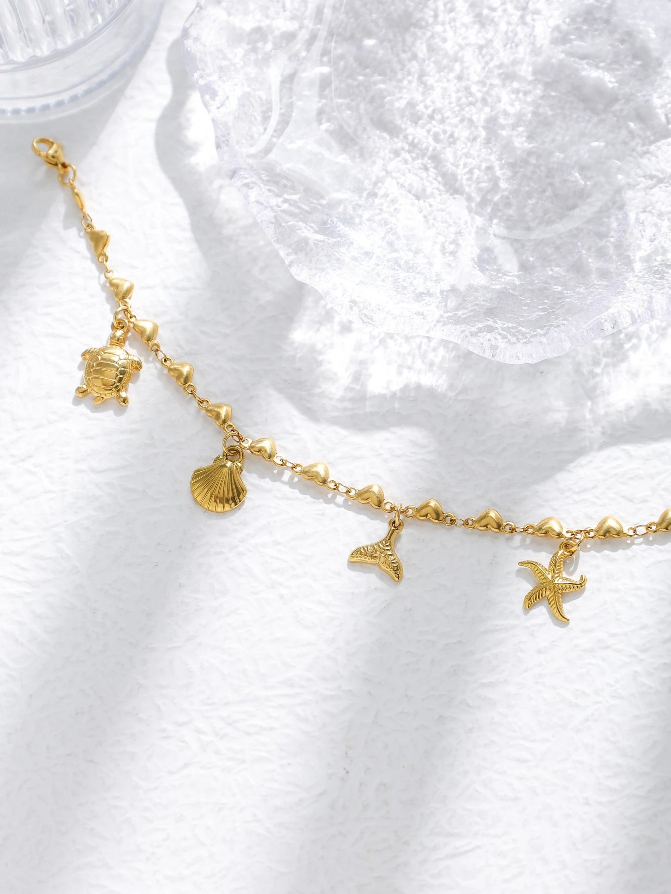 Stainless steel turtle starfish shell whale tail pendant women's retro peach heart-shaped bracelet personality goldplated jewely